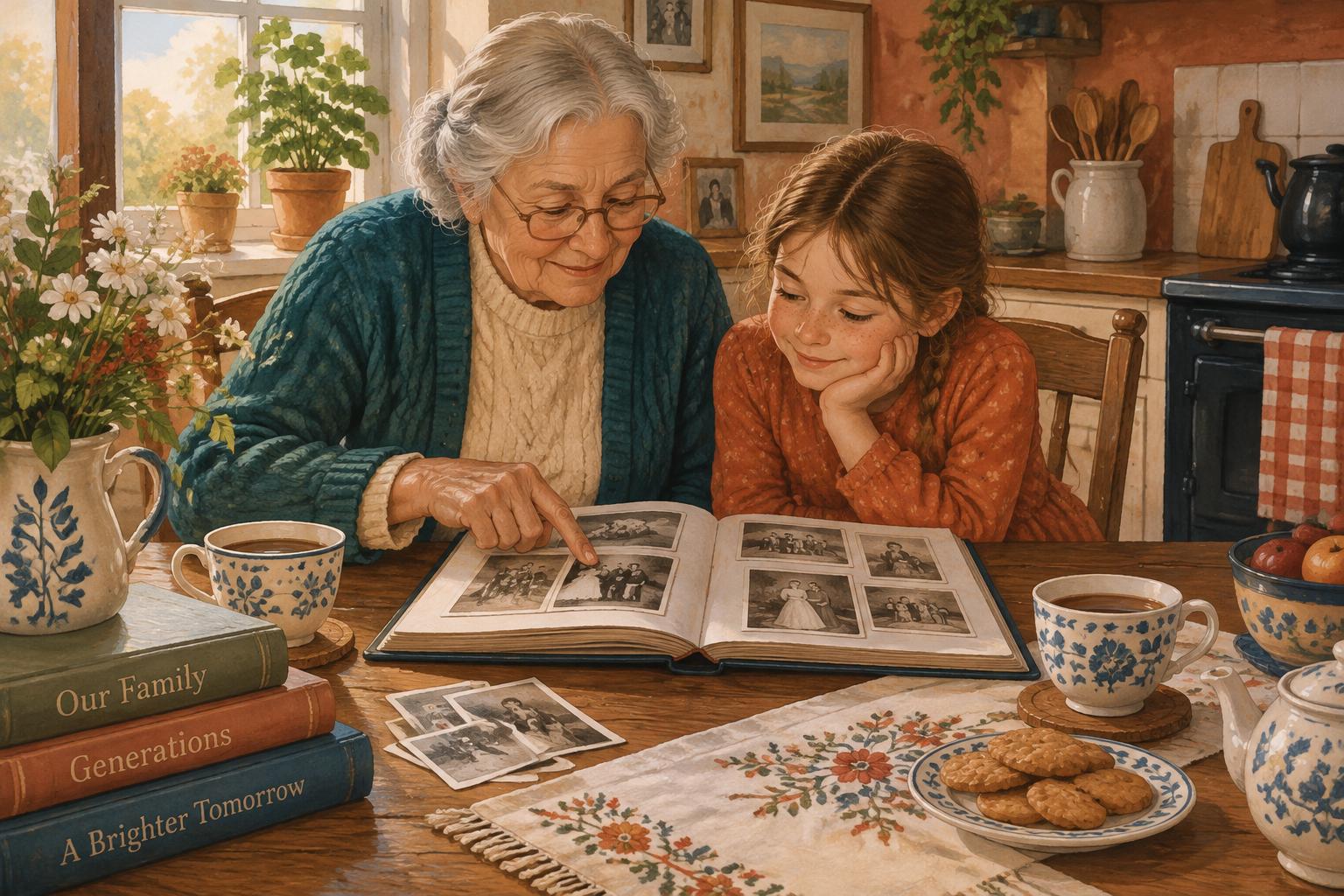 Grandmother and granddaughter looking at a family photo album